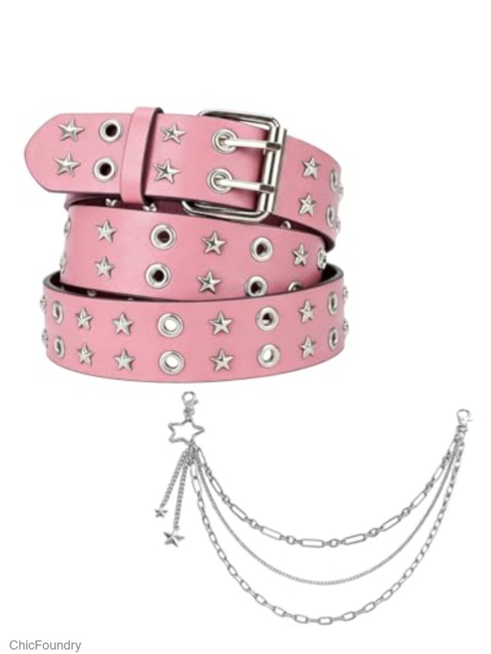 Y2K Star Studded Faux Leather Belt with Chain for Women Grunge Punk